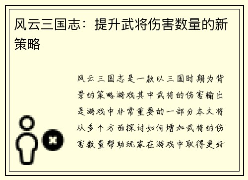 风云三国志：提升武将伤害数量的新策略