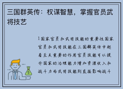 三国群英传：权谋智慧，掌握官员武将技艺